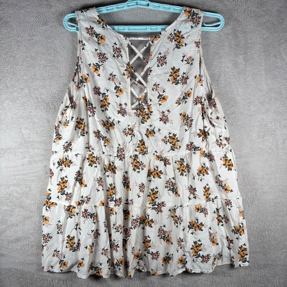 Torrid Challis Tank Top Womens 3 White Floral Lattice Back Tiered Sleeveless - Picture 3 of 8